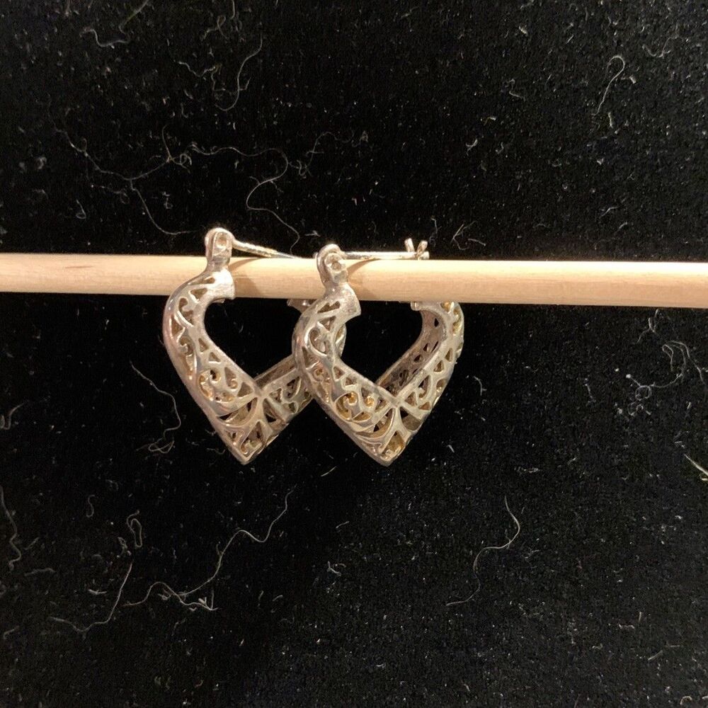 Vintage Sterling Silver Heart Hoop Earrings Filigree Open Ornate